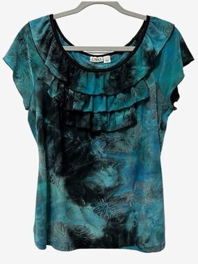 Vintage Cato Mesh Velvet Burnout Ruffle Top Large Turquoise Black Whimsigoth